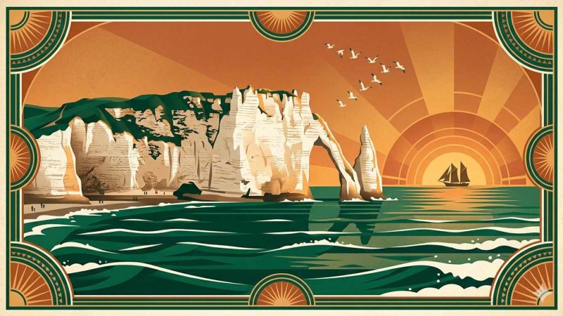 Affiche Art Déco années 20 illustrant les falaises d'Étretat au coucher du soleil, arche naturelle encadrant la mer émeraude, voilier en silhouette et mouettes en formation géométrique