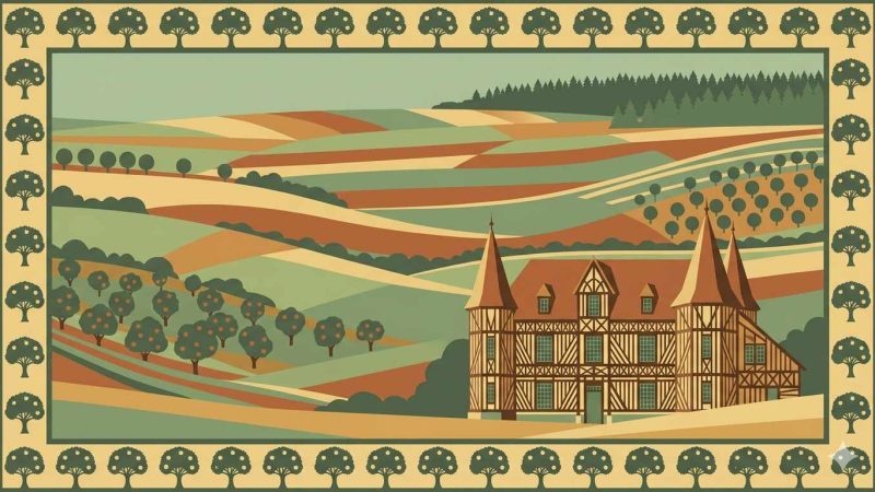 Affiche Art Déco années 20 illustrant le bocage normand à la moisson, collines vallonnées et vergers de pommiers, manoir normand à colombages et tourelles en premier plan, forêt du Perche à l'horizon