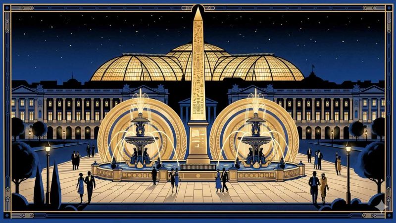 Affiche Art Déco années 20 illustrant la Place de la Concorde à Paris la nuit, obélisque illuminé dominant les fontaines symétriques, dôme du Grand Palais en arrière-plan et silhouettes élégantes sur l'esplanade