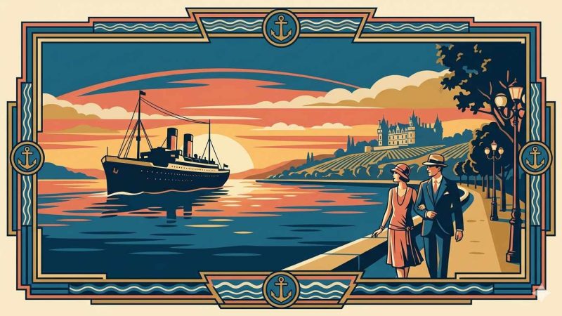 Affiche Art Déco années 20 illustrant l'estuaire de la Loire au crépuscule, paquebot en silhouette et château sur les coteaux vignobles