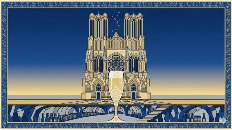 Affiche Art Déco années 20 illustrant la façade de la cathédrale de Reims au crépuscule, flûte de champagne au premier plan et caves de craie en bandeau décoratif inférieur