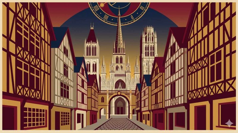 Affiche Art Déco années 20 illustrant la cathédrale de Rouen au crépuscule vue depuis la rue du Gros-Horloge, flèche gothique au-dessus des maisons à colombages et arche de l'horloge astronomique au premier plan