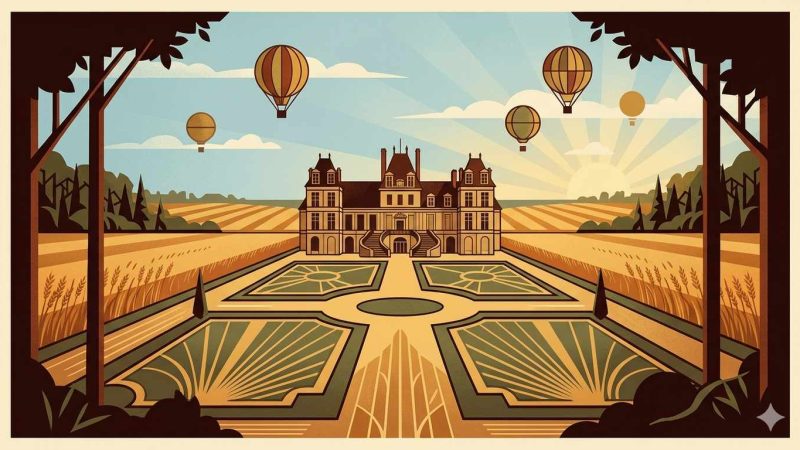 Affiche Art Déco années 20 illustrant la Seine-et-Marne à la moisson, château de Fontainebleau vu depuis les jardins à l'heure dorée, champs de blé à l'horizon et montgolfières au-dessus de la forêt