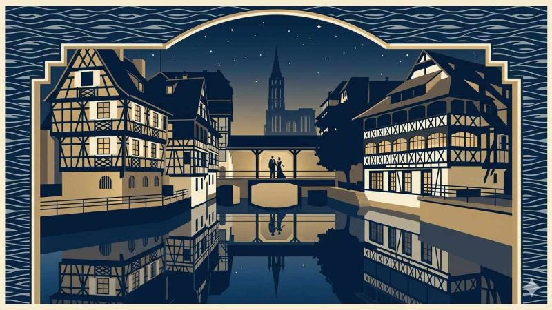 Affiche Art Déco années 20 illustrant le quartier de la Petite France à Strasbourg la nuit, maisons à colombages reflétées dans le canal, couple en tenue de soirée sur un pont couvert