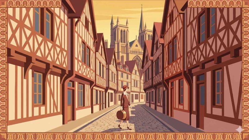 Affiche Art Déco années 20 illustrant les maisons à colombages de Troyes à l'heure dorée, ruelle médiévale pavée, basilique Saint-Urbain et silhouette féminine en tenue 1920