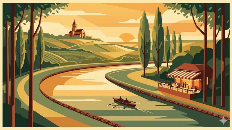 Affiche Art Déco années 20 illustrant la vallée de la Marne à l'heure dorée, guinguette au bord de l'eau, peupliers bordant la rivière et barque en silhouette sur le fleuve calme