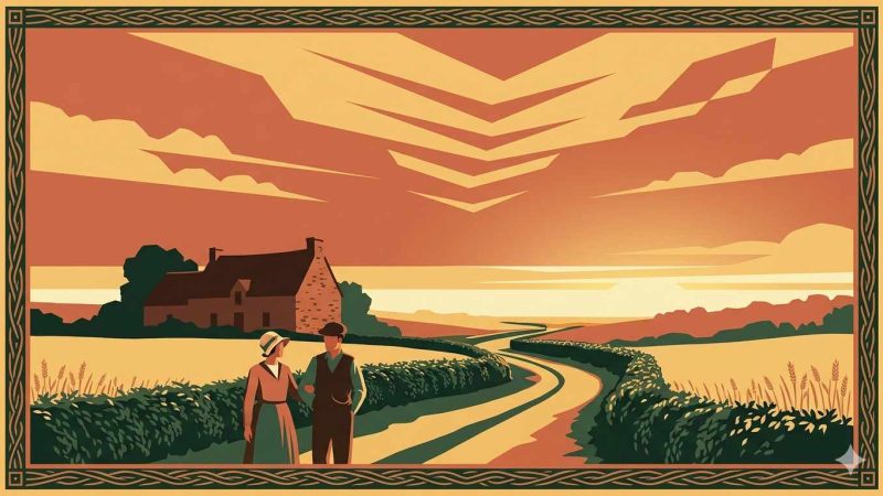 Affiche Art Déco années 20 illustrant le bocage vendéen à la moisson, chemin de campagne bordé de haies menant à l'horizon, couple en tenue rurale 1920 au premier plan