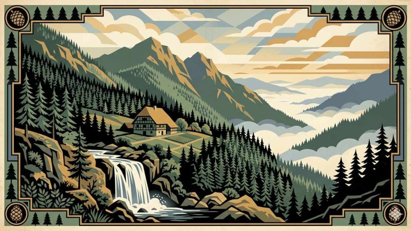 Affiche Art Déco années 20 illustrant le massif vosgien à l'aube, forêts de sapins sur les pentes, ferme traditionnelle dans une clairière et cascade entre les rochers dans la brume matinale