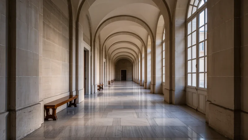 Long couloir désert d'un bâtiment institutionnel français