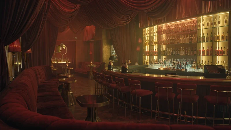 Bar désert d'un club libertin, banquettes de velours bordeaux sous une lumière tamisée